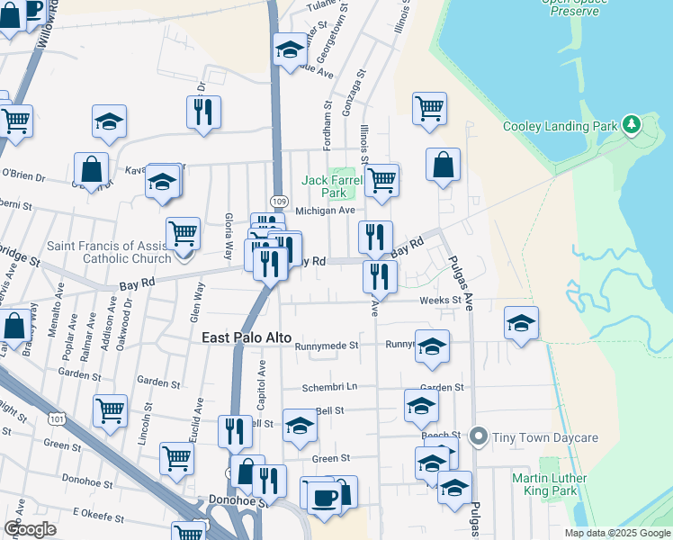 map of restaurants, bars, coffee shops, grocery stores, and more near 1796 Bay Road in East Palo Alto