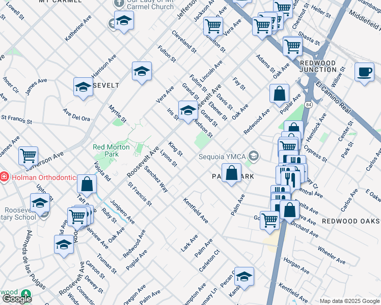 map of restaurants, bars, coffee shops, grocery stores, and more near 1194 Johnson Street in Redwood City