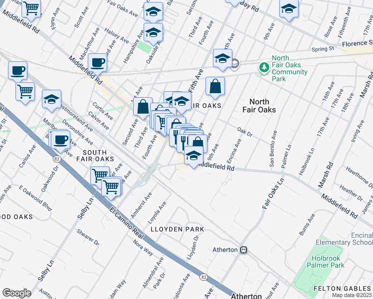 map of restaurants, bars, coffee shops, grocery stores, and more near 3253 Middlefield Road in Menlo Park