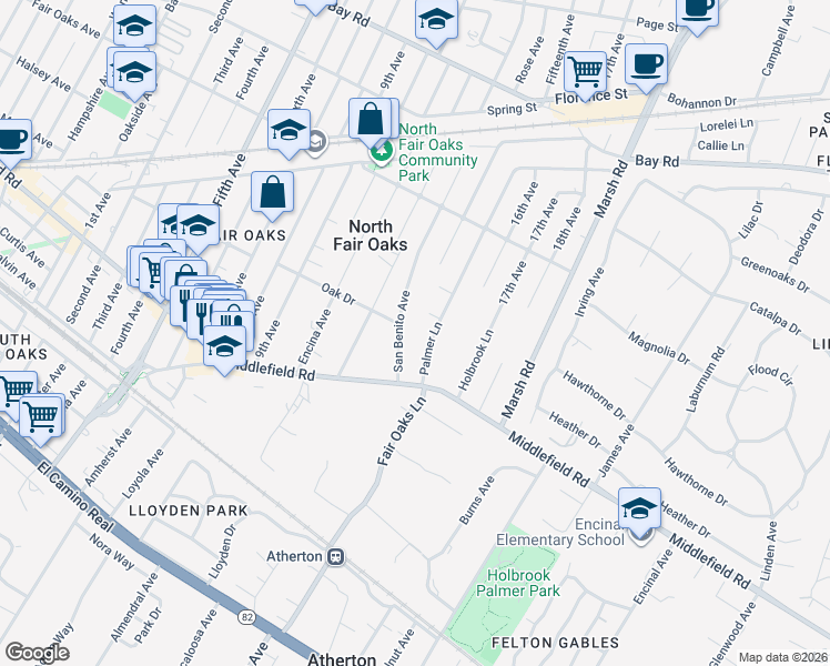 map of restaurants, bars, coffee shops, grocery stores, and more near 484 Palmer Lane in Menlo Park