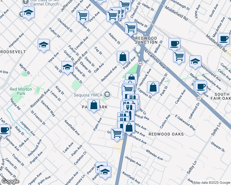 map of restaurants, bars, coffee shops, grocery stores, and more near 1445 Ebener Street in Redwood City
