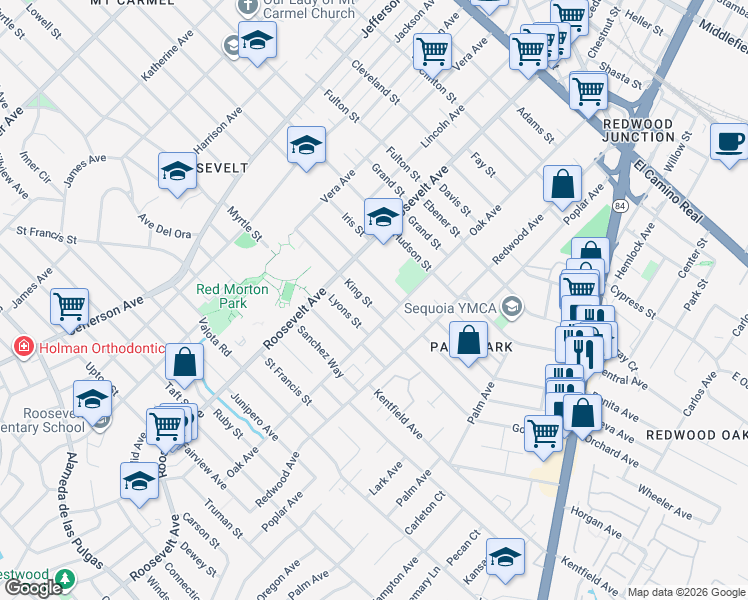 map of restaurants, bars, coffee shops, grocery stores, and more near 1194 Johnson Street in Redwood City