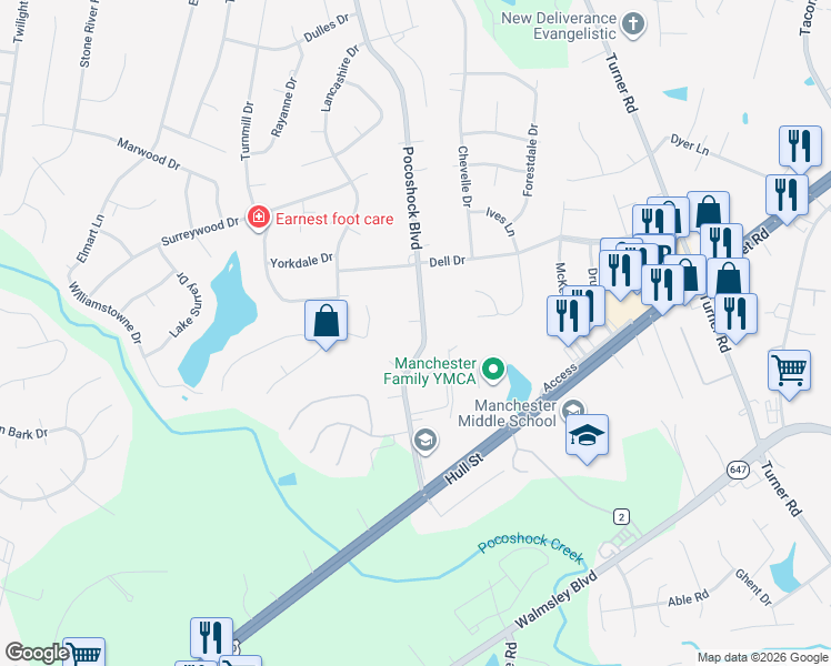 map of restaurants, bars, coffee shops, grocery stores, and more near 2316 Pocoshock Boulevard in Richmond