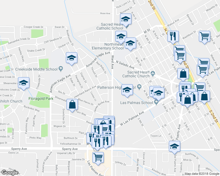 map of restaurants, bars, coffee shops, grocery stores, and more near 340 Red Robin Drive in Patterson