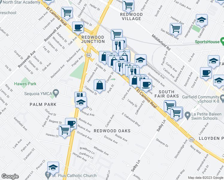 map of restaurants, bars, coffee shops, grocery stores, and more near 223 Park Street in Redwood City