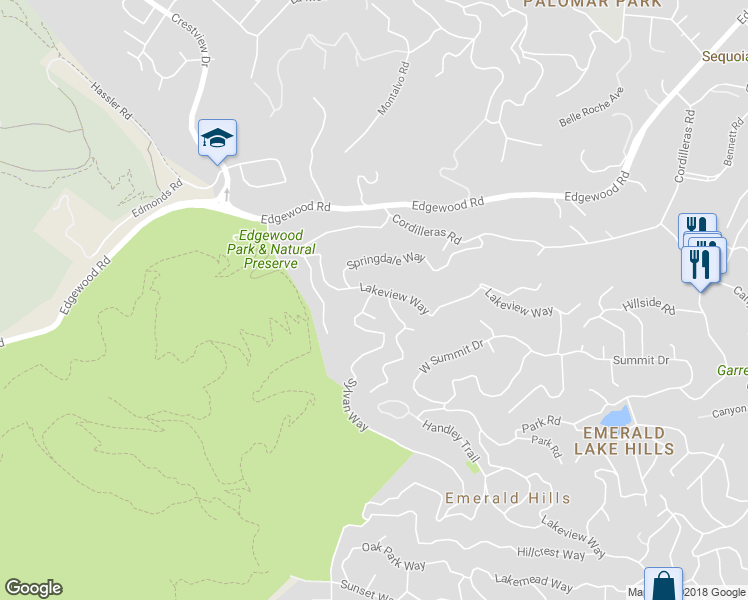 map of restaurants, bars, coffee shops, grocery stores, and more near 203 Sylvan Way in Emerald Hills