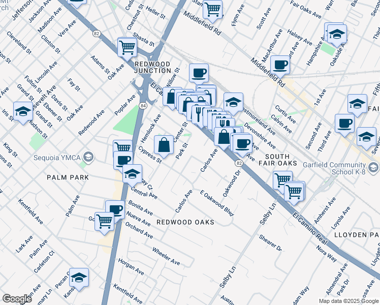 map of restaurants, bars, coffee shops, grocery stores, and more near 223 Park Street in Redwood City