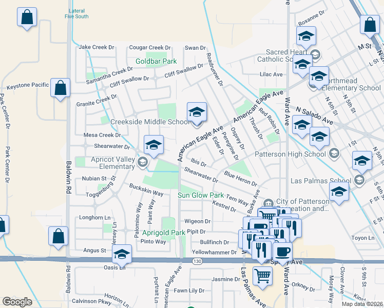 map of restaurants, bars, coffee shops, grocery stores, and more near 1240 Kingfisher Drive in Patterson