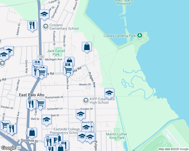 map of restaurants, bars, coffee shops, grocery stores, and more near 2450 Pulgas Avenue in East Palo Alto