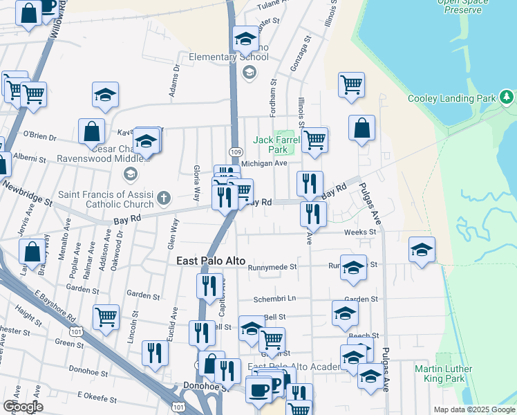 map of restaurants, bars, coffee shops, grocery stores, and more near in East Palo Alto