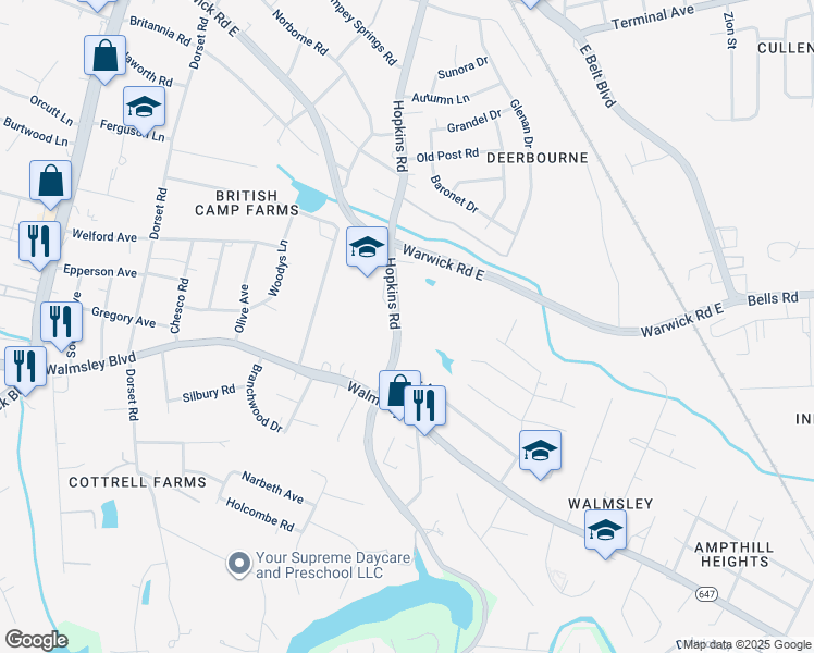 map of restaurants, bars, coffee shops, grocery stores, and more near 3441 Hopkins Road in Richmond