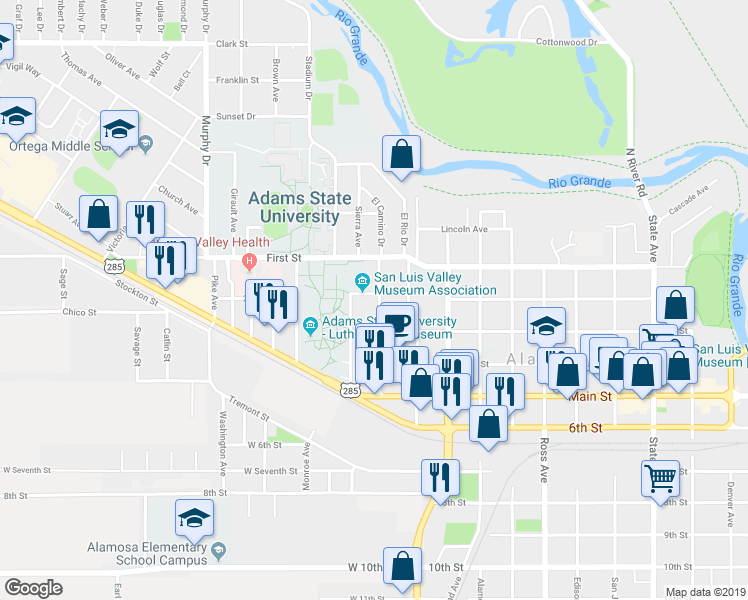 map of restaurants, bars, coffee shops, grocery stores, and more near 1402 2nd Street in Alamosa