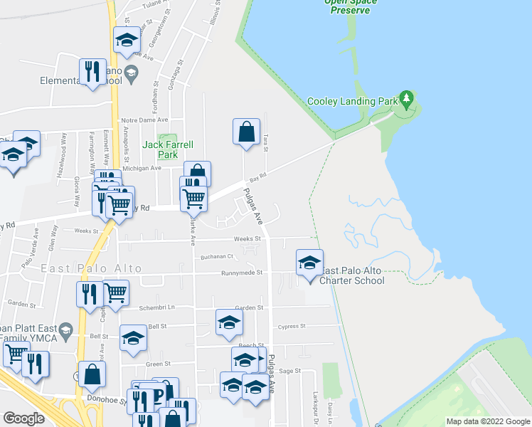 map of restaurants, bars, coffee shops, grocery stores, and more near 2450 Pulgas Avenue in East Palo Alto