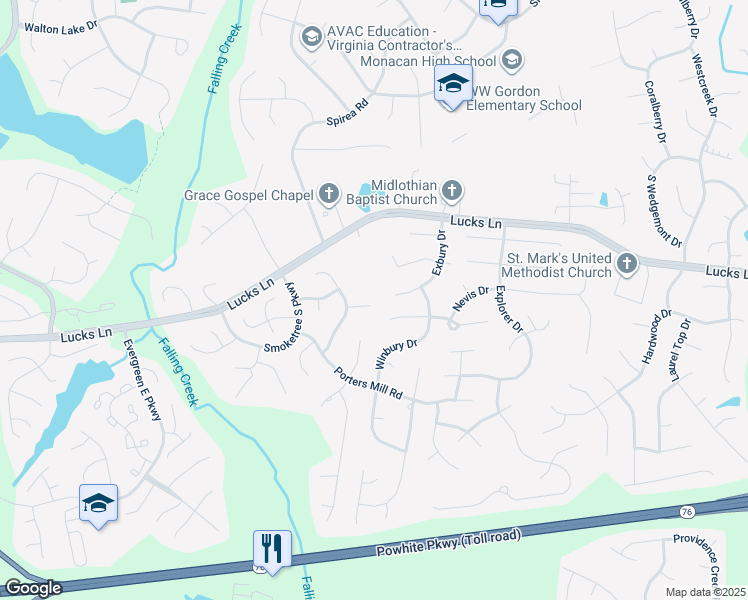 map of restaurants, bars, coffee shops, grocery stores, and more near 11902 Lockett Ridge Pl in Midlothian