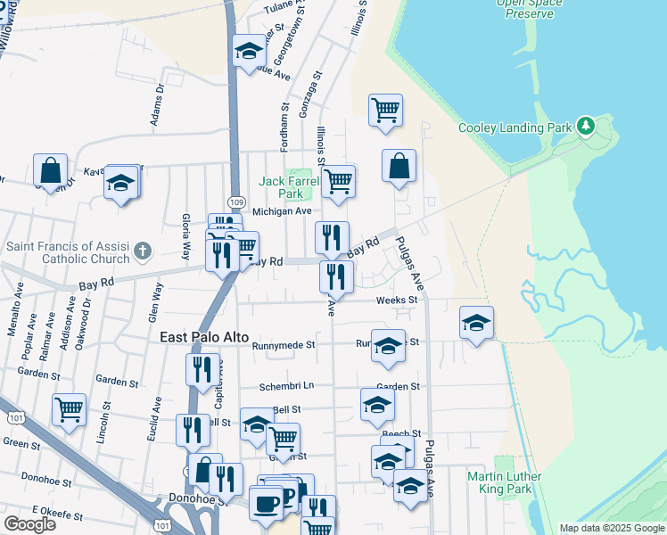 map of restaurants, bars, coffee shops, grocery stores, and more near 2390 Clarke Avenue in East Palo Alto