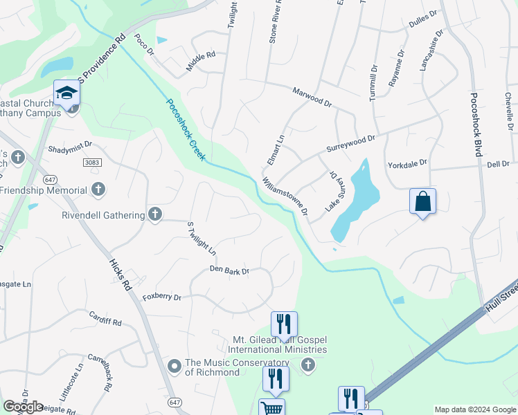 map of restaurants, bars, coffee shops, grocery stores, and more near 1806 South Twilight Lane in Richmond