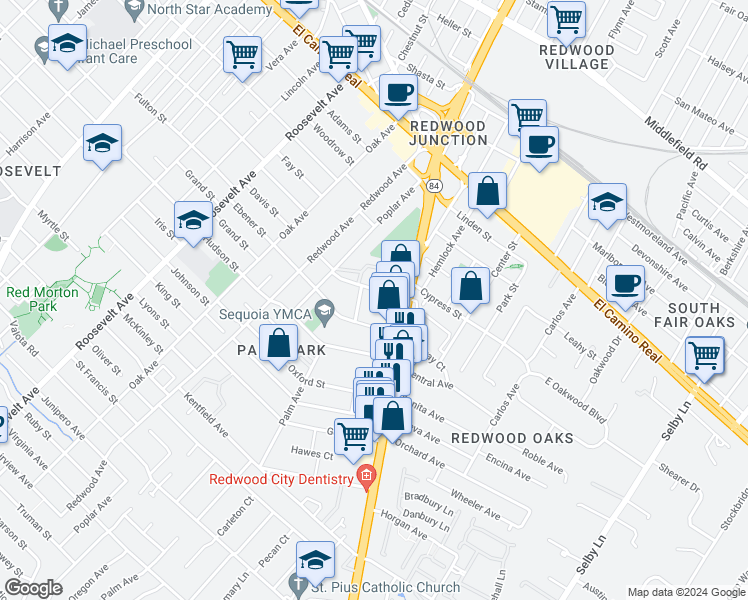 map of restaurants, bars, coffee shops, grocery stores, and more near 518 Lucerne Avenue in Redwood City