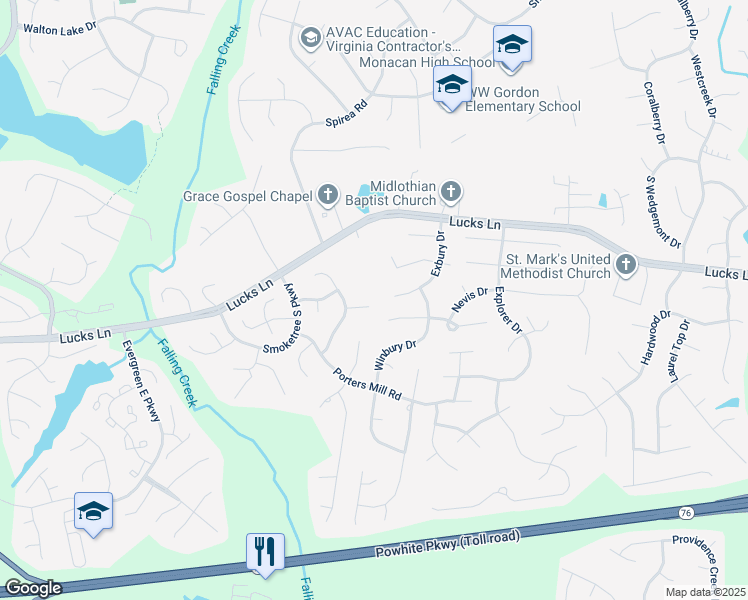 map of restaurants, bars, coffee shops, grocery stores, and more near 11902 Lockett Ridge Pl in Midlothian