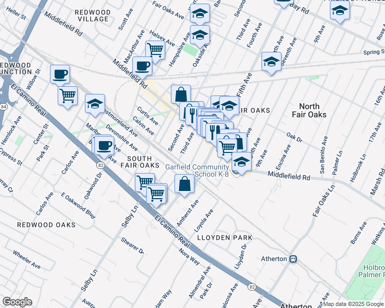 map of restaurants, bars, coffee shops, grocery stores, and more near 265 Fourth Avenue in Redwood City