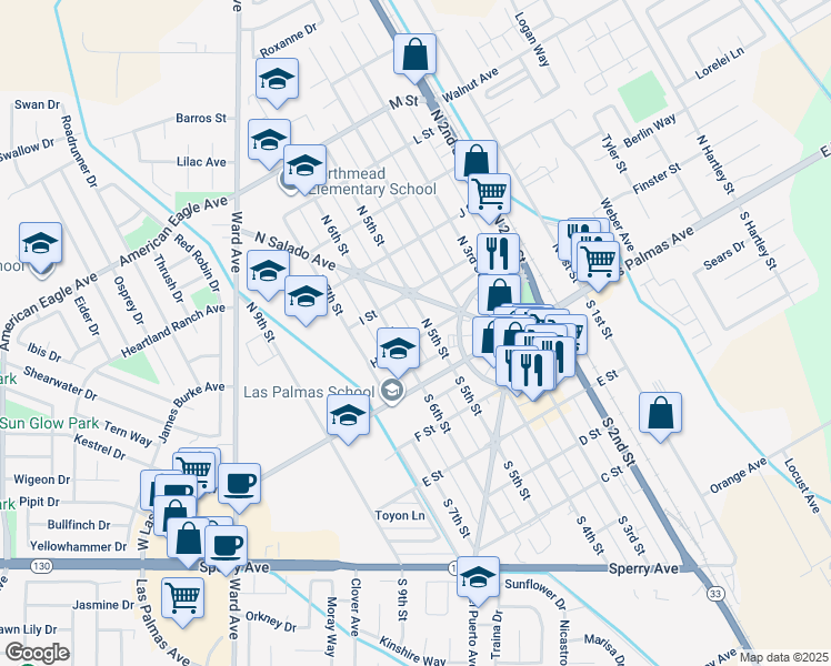 map of restaurants, bars, coffee shops, grocery stores, and more near 525 H Street in Patterson