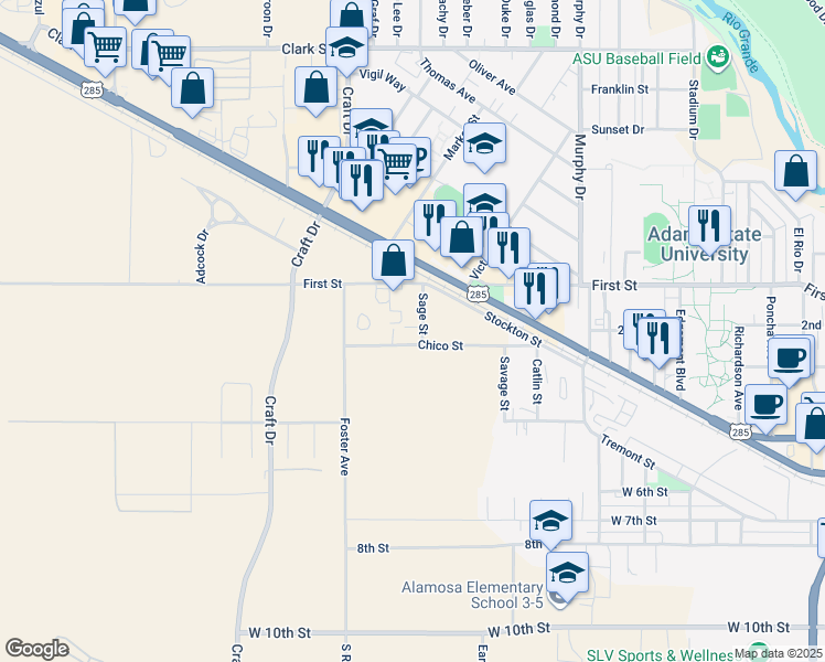 map of restaurants, bars, coffee shops, grocery stores, and more near 121 Sage Street in Alamosa