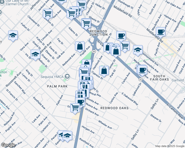 map of restaurants, bars, coffee shops, grocery stores, and more near in Redwood City