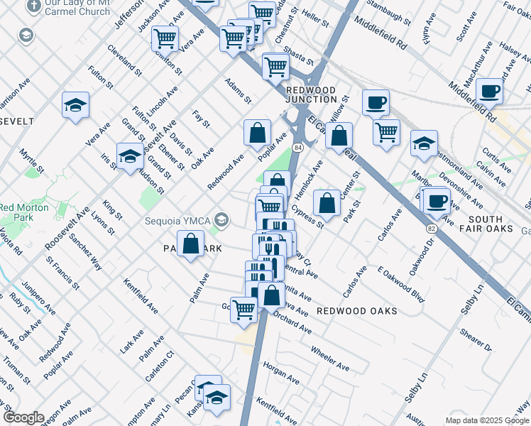 map of restaurants, bars, coffee shops, grocery stores, and more near 518 Lucerne Avenue in Redwood City
