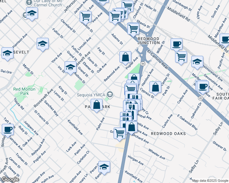 map of restaurants, bars, coffee shops, grocery stores, and more near 1445 Ebener Street in Redwood City