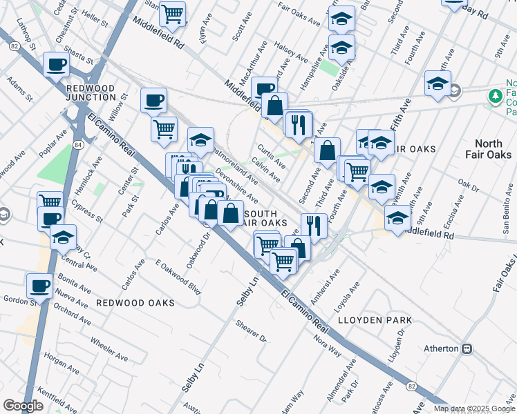 map of restaurants, bars, coffee shops, grocery stores, and more near 2860 Devonshire Avenue in Redwood City