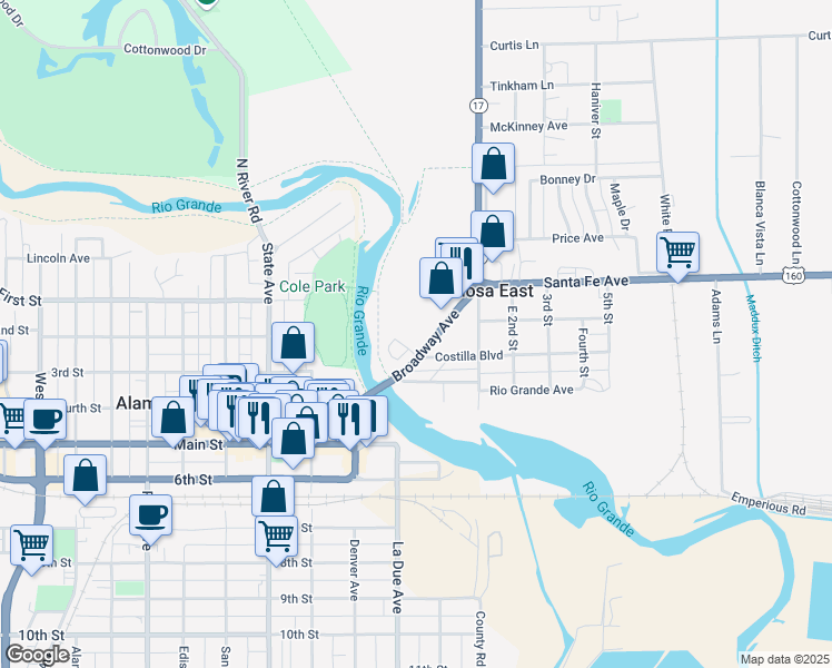 map of restaurants, bars, coffee shops, grocery stores, and more near 261 Broadway Avenue in Alamosa