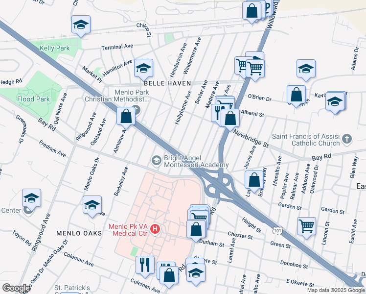 map of restaurants, bars, coffee shops, grocery stores, and more near 1104 Sevier Avenue in Menlo Park