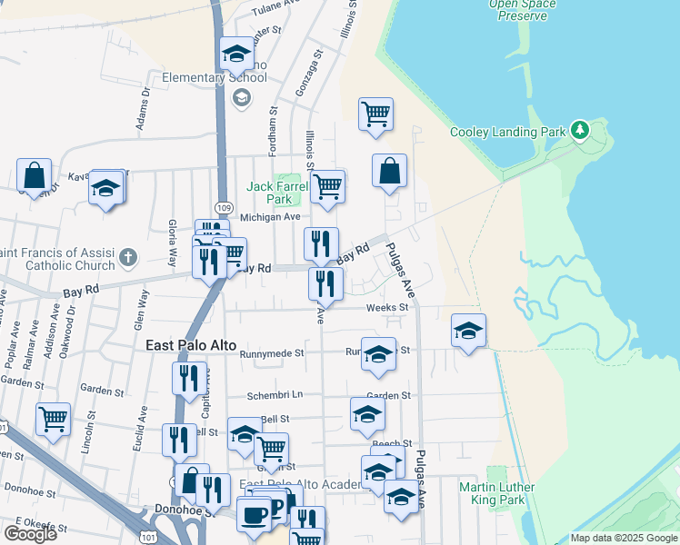 map of restaurants, bars, coffee shops, grocery stores, and more near 2390 Clarke Avenue in East Palo Alto