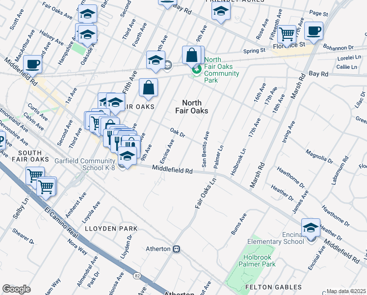 map of restaurants, bars, coffee shops, grocery stores, and more near 79 Placitas Avenue in Atherton