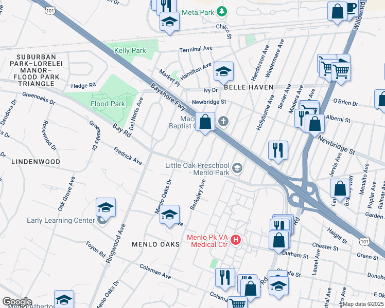 map of restaurants, bars, coffee shops, grocery stores, and more near 1003 Almanor Avenue in Menlo Park