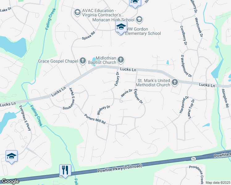 map of restaurants, bars, coffee shops, grocery stores, and more near 1407 Winbury Drive in Midlothian