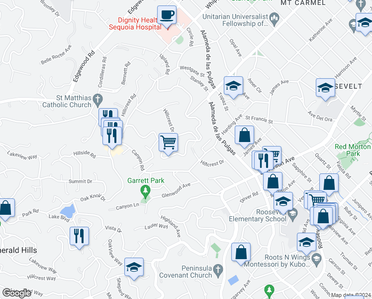 map of restaurants, bars, coffee shops, grocery stores, and more near 735 Upland Road in Redwood City
