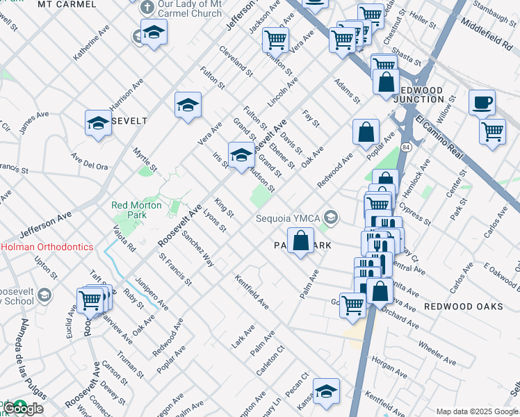 map of restaurants, bars, coffee shops, grocery stores, and more near Oak Avenue in Redwood City