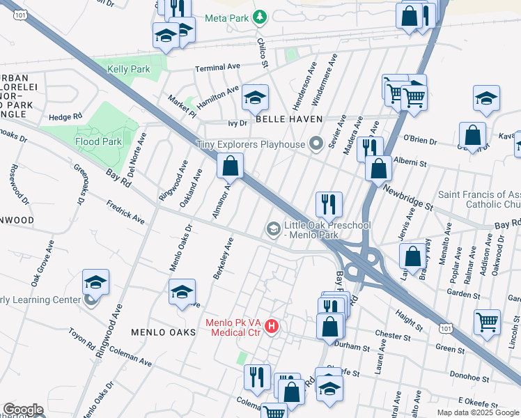 map of restaurants, bars, coffee shops, grocery stores, and more near 1030 Henderson Avenue in Menlo Park