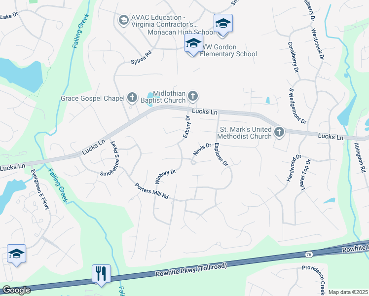 map of restaurants, bars, coffee shops, grocery stores, and more near 1407 Winbury Drive in Midlothian