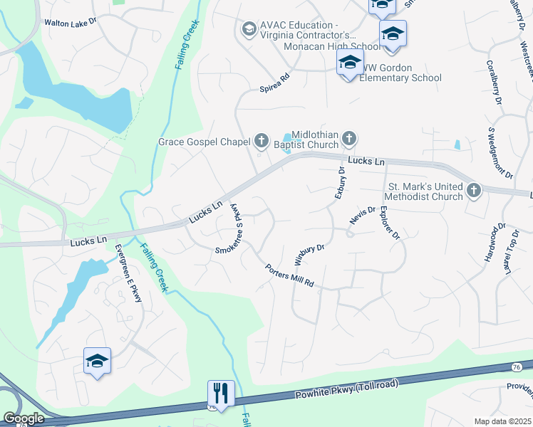 map of restaurants, bars, coffee shops, grocery stores, and more near 1400 Lockett Ridge Road in Midlothian
