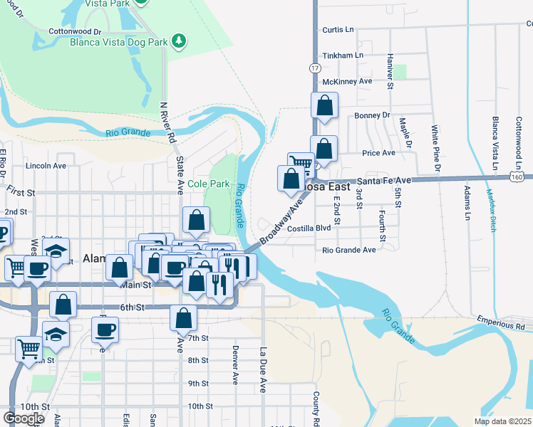 map of restaurants, bars, coffee shops, grocery stores, and more near 13B Broadway Avenue in Alamosa