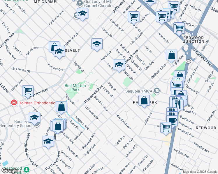 map of restaurants, bars, coffee shops, grocery stores, and more near 1134 King Street in Redwood City
