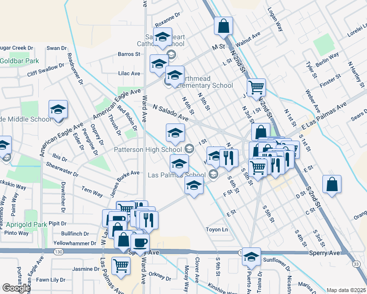 map of restaurants, bars, coffee shops, grocery stores, and more near 298 North 7th Street in Patterson