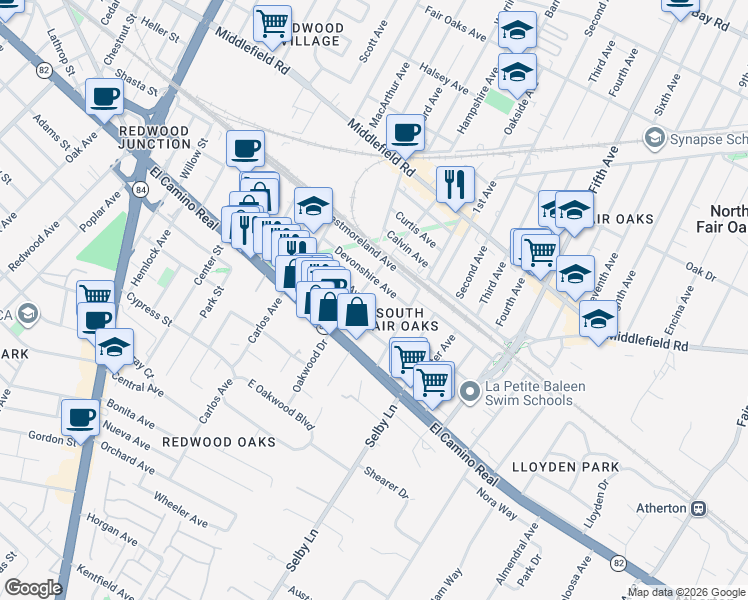 map of restaurants, bars, coffee shops, grocery stores, and more near 2825 Marlborough Avenue in Redwood City