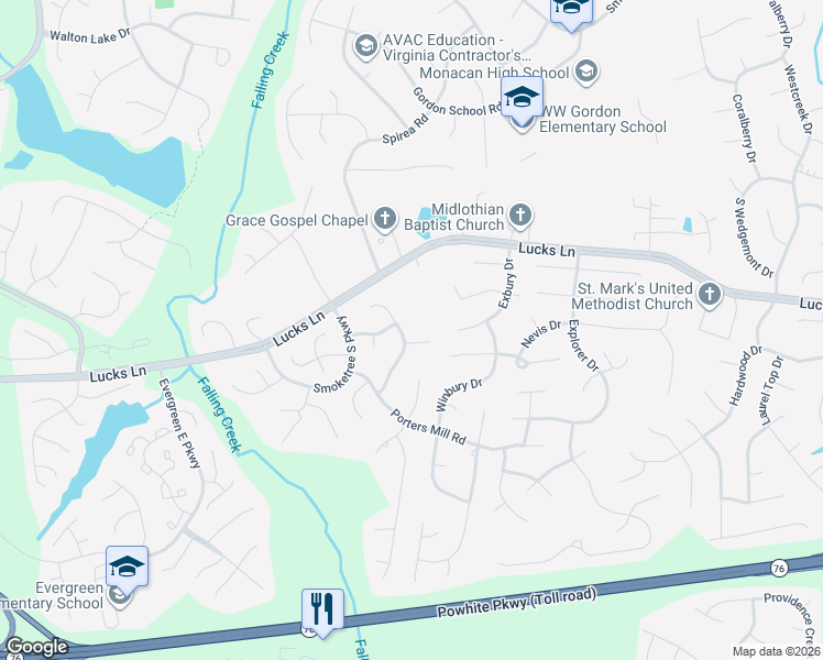 map of restaurants, bars, coffee shops, grocery stores, and more near 1405 Lockett Ridge Road in Midlothian