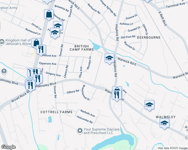 map of restaurants, bars, coffee shops, grocery stores, and more near 3530 Clydewood Avenue in Richmond