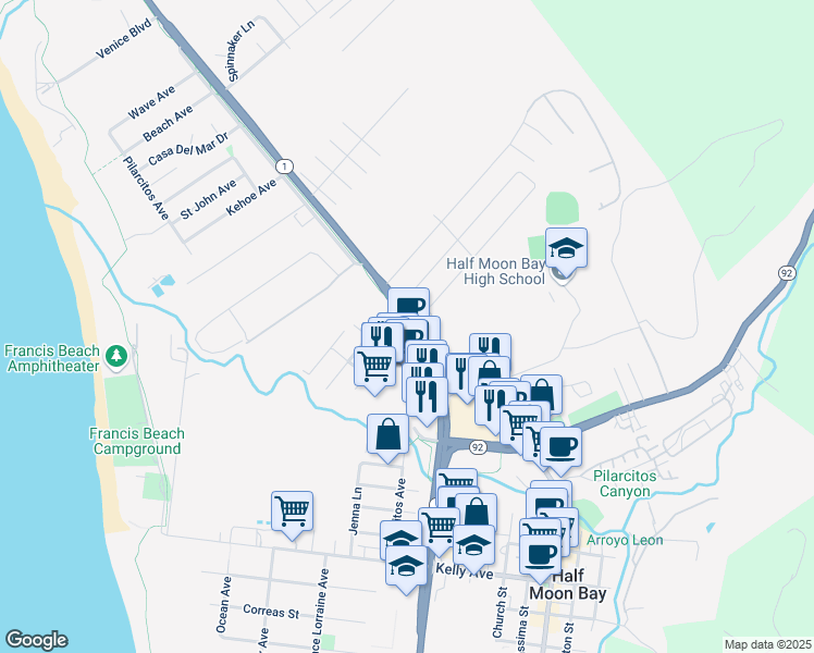 map of restaurants, bars, coffee shops, grocery stores, and more near 411 Belleville Boulevard in Half Moon Bay