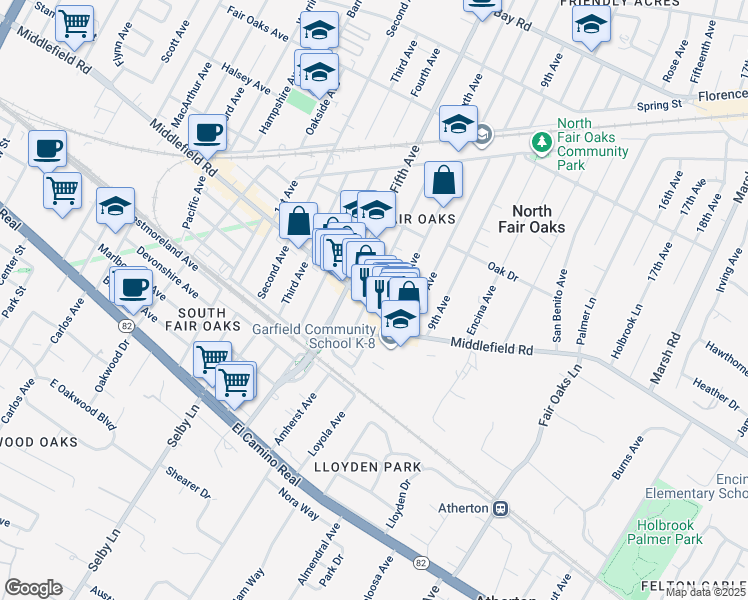 map of restaurants, bars, coffee shops, grocery stores, and more near 3233 Middlefield Road in Menlo Park