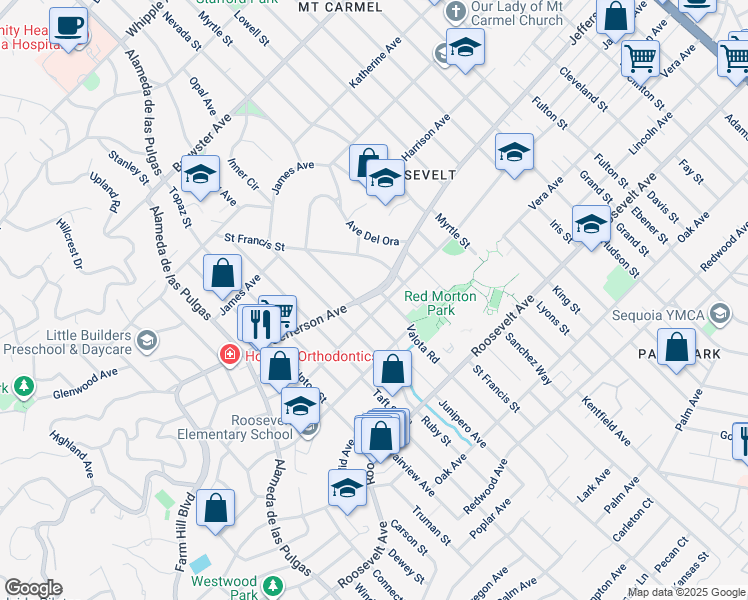 map of restaurants, bars, coffee shops, grocery stores, and more near 2607 Jefferson Avenue in Redwood City