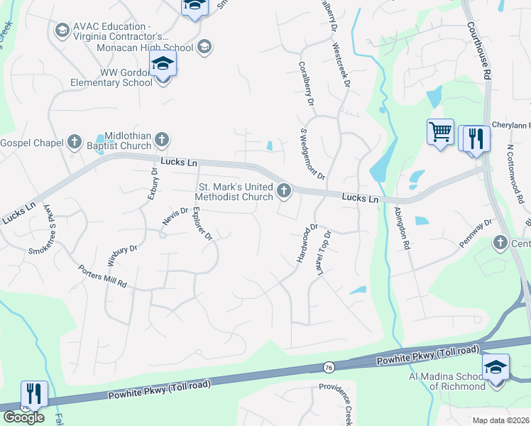 map of restaurants, bars, coffee shops, grocery stores, and more near 11637 Nevis Drive in Midlothian